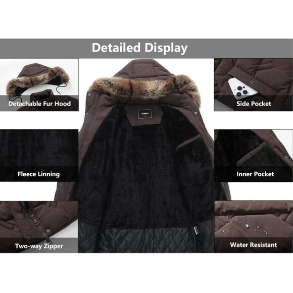 Women's Khakhi Waterproof Winter Coat, Long Insulated Parka with Detachable Hood - Picture 3 of 7